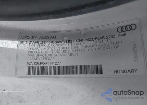 2015 Audi A3 2.0T Premium z USA, uszkodzony, nr VIN WAU3FLFFXF1141277